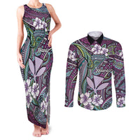 Personalised Hawaii Tribal Humpback Whale Couples Matching Tank Maxi Dress and Long Sleeve Button Shirt Poni Hibiscus Seamless Pattern LT9 Purple - Polynesian Pride