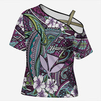 Personalised Hawaii Tribal Humpback Whale Cross Shoulder Shirt Poni Hibiscus Seamless Pattern LT9 Female Purple - Polynesian Pride