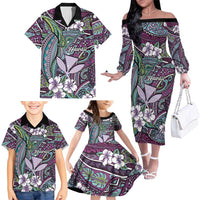 Personalised Hawaii Tribal Humpback Whale Family Matching Off The Shoulder Long Sleeve Dress and Hawaiian Shirt Poni Hibiscus Seamless Pattern