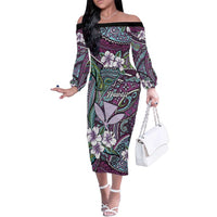 Personalised Hawaii Tribal Humpback Whale Family Matching Off The Shoulder Long Sleeve Dress and Hawaiian Shirt Poni Hibiscus Seamless Pattern