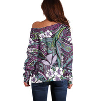 Personalised Hawaii Tribal Humpback Whale Off Shoulder Sweater Poni Hibiscus Seamless Pattern