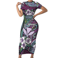 Personalised Hawaii Tribal Humpback Whale Short Sleeve Bodycon Dress Poni Hibiscus Seamless Pattern