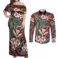 Personalised Hawaii Tribal Humpback Whale Couples Matching Off Shoulder Maxi Dress and Long Sleeve Button Shirt Ulaula Hibiscus Seamless Pattern