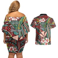Personalised Hawaii Tribal Humpback Whale Couples Matching Off Shoulder Short Dress and Hawaiian Shirt Ulaula Hibiscus Seamless Pattern