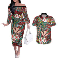 Personalised Hawaii Tribal Humpback Whale Couples Matching Off The Shoulder Long Sleeve Dress and Hawaiian Shirt Ulaula Hibiscus Seamless Pattern