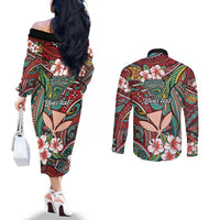 Personalised Hawaii Tribal Humpback Whale Couples Matching Off The Shoulder Long Sleeve Dress and Long Sleeve Button Shirt Ulaula Hibiscus Seamless Pattern
