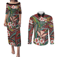 Personalised Hawaii Tribal Humpback Whale Couples Matching Puletasi and Long Sleeve Button Shirt Ulaula Hibiscus Seamless Pattern