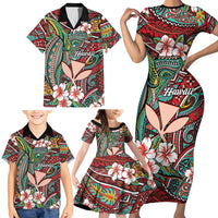 Personalised Hawaii Tribal Humpback Whale Family Matching Short Sleeve Bodycon Dress and Hawaiian Shirt Ulaula Hibiscus Seamless Pattern