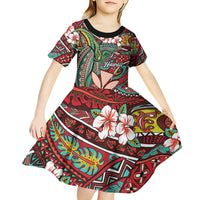 Personalised Hawaii Tribal Humpback Whale Kid Short Sleeve Dress Ulaula Hibiscus Seamless Pattern