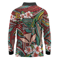 Personalised Hawaii Tribal Humpback Whale Long Sleeve Polo Shirt Ulaula Hibiscus Seamless Pattern