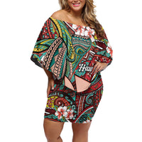 Personalised Hawaii Tribal Humpback Whale Off Shoulder Short Dress Ulaula Hibiscus Seamless Pattern LT9 Women Red - Polynesian Pride