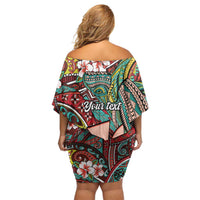 Personalised Hawaii Tribal Humpback Whale Off Shoulder Short Dress Ulaula Hibiscus Seamless Pattern LT9 - Polynesian Pride