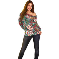 Personalised Hawaii Tribal Humpback Whale Off Shoulder Sweater Ulaula Hibiscus Seamless Pattern