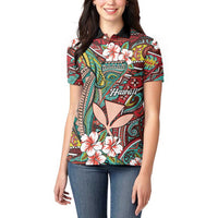 Personalised Hawaii Tribal Humpback Whale Women Polo Shirt Ulaula Hibiscus Seamless Pattern