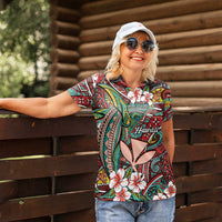 Personalised Hawaii Tribal Humpback Whale Women Polo Shirt Ulaula Hibiscus Seamless Pattern