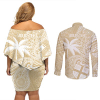 Custom Indo Fijians Couples Matching Off Shoulder Short Dress and Long Sleeve Button Shirt Fiji ke Hindustani Polyneisan Paisley Beige Style