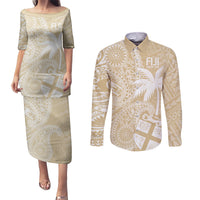 Custom Indo Fijians Couples Matching Puletasi and Long Sleeve Button Shirt Fiji ke Hindustani Polyneisan Paisley Beige Style LT9 Beige - Polynesian Pride