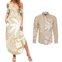 Custom Indo Fijians Couples Matching Summer Maxi Dress and Long Sleeve Button Shirt Fiji ke Hindustani Polyneisan Paisley Beige Style LT9 Beige - Polynesian Pride