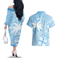 Custom Indo Fijians Couples Matching Off The Shoulder Long Sleeve Dress and Hawaiian Shirt Fiji ke Hindustani Polyneisan Paisley Blue Style