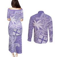 Custom Indo Fijians Couples Matching Puletasi and Long Sleeve Button Shirt Fiji ke Hindustani Polyneisan Paisley Purple Style LT9 - Polynesian Pride
