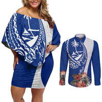 Blue Guam Hafa Adai Couples Matching Off Shoulder Short Dress and Long Sleeve Button Shirt Tropical Flowers with Polynesian Pattern