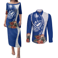 Blue Guam Hafa Adai Couples Matching Puletasi and Long Sleeve Button Shirt Tropical Flowers with Polynesian Pattern