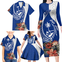 Blue Guam Hafa Adai Family Matching Long Sleeve Bodycon Dress and Hawaiian Shirt Tropical Flowers with Polynesian Pattern