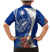 Blue Guam Hafa Adai Family Matching Mermaid Dress and Hawaiian Shirt Tropical Flowers with Polynesian Pattern
