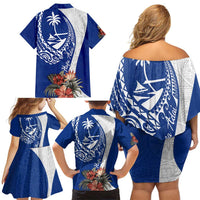 Blue Guam Hafa Adai Family Matching Off Shoulder Short Dress and Hawaiian Shirt Tropical Flowers with Polynesian Pattern