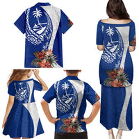 Blue Guam Hafa Adai Family Matching Puletasi and Hawaiian Shirt Tropical Flowers with Polynesian Pattern