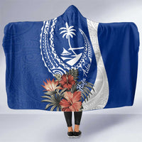Blue Guam Hafa Adai Hooded Blanket Tropical Flowers with Polynesian Pattern