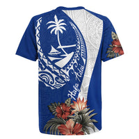 Blue Guam Hafa Adai Rugby Jersey Tropical Flowers with Polynesian Pattern
