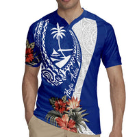 Blue Guam Hafa Adai Rugby Jersey Tropical Flowers with Polynesian Pattern