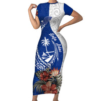 Blue Guam Hafa Adai Short Sleeve Bodycon Dress Tropical Flowers with Polynesian Pattern