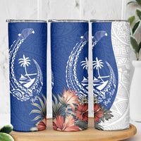 Blue Guam Hafa Adai Skinny Tumbler Tropical Flowers with Polynesian Pattern