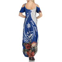 Blue Guam Hafa Adai Summer Maxi Dress Tropical Flowers with Polynesian Pattern