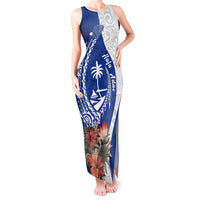 Blue Guam Hafa Adai Tank Maxi Dress Tropical Flowers with Polynesian Pattern