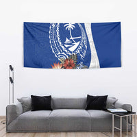 Blue Guam Hafa Adai Tapestry Tropical Flowers with Polynesian Pattern