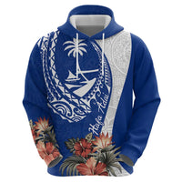 Blue Guam Hafa Adai Zip Hoodie Tropical Flowers with Polynesian Pattern