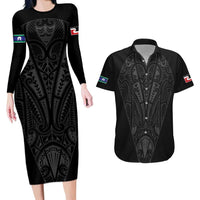 Queensland Maori Rugby Nga Hau e Wha Couples Matching Long Sleeve Bodycon Dress and Hawaiian Shirt Black Motif