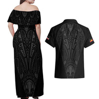 Queensland Maori Rugby Nga Hau e Wha Couples Matching Off Shoulder Maxi Dress and Hawaiian Shirt Black Motif