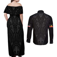 Queensland Maori Rugby Nga Hau e Wha Couples Matching Off Shoulder Maxi Dress and Long Sleeve Button Shirt Black Motif