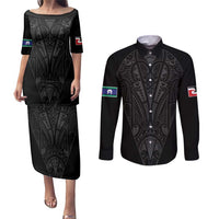 Queensland Maori Rugby Nga Hau e Wha Couples Matching Puletasi and Long Sleeve Button Shirt Black Motif