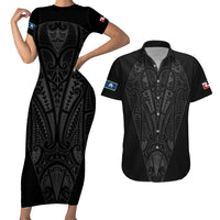 Queensland Maori Rugby Nga Hau e Wha Couples Matching Short Sleeve Bodycon Dress and Hawaiian Shirt Black Motif