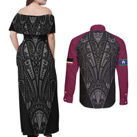Queensland Maori Rugby Nga Hau e Wha Couples Matching Off Shoulder Maxi Dress and Long Sleeve Button Shirt Maroon Motif