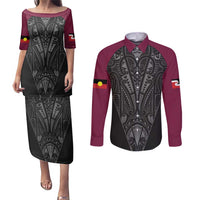 Queensland Maori Rugby Nga Hau e Wha Couples Matching Puletasi and Long Sleeve Button Shirt Maroon Motif