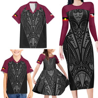 Queensland Maori Rugby Nga Hau e Wha Family Matching Long Sleeve Bodycon Dress and Hawaiian Shirt Maroon Motif