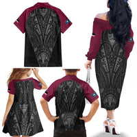 Queensland Maori Rugby Nga Hau e Wha Family Matching Off The Shoulder Long Sleeve Dress and Hawaiian Shirt Maroon Motif