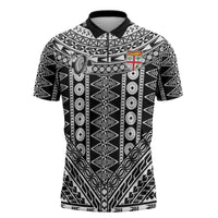 Fiji Custom Rugby National Heritage Zipper Polo Shirt Black Traditional Masi Inspired LT9 Black - Polynesian Pride