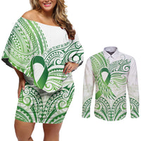 Its Okay Green Ribbon Personalised Couples Matching Off Shoulder Short Dress and Long Sleeve Button Shirt Polynesian Depression Awareness
